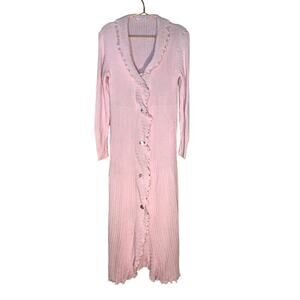 Maria Scotto Pink Lettuce Trim Wool Blend Duster Cardigan L Made in Italy